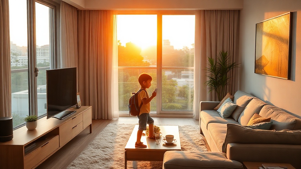 SmartHome automated morning routine in a Singapore HDB flat — calm, organised school morning with smart lighting and controls