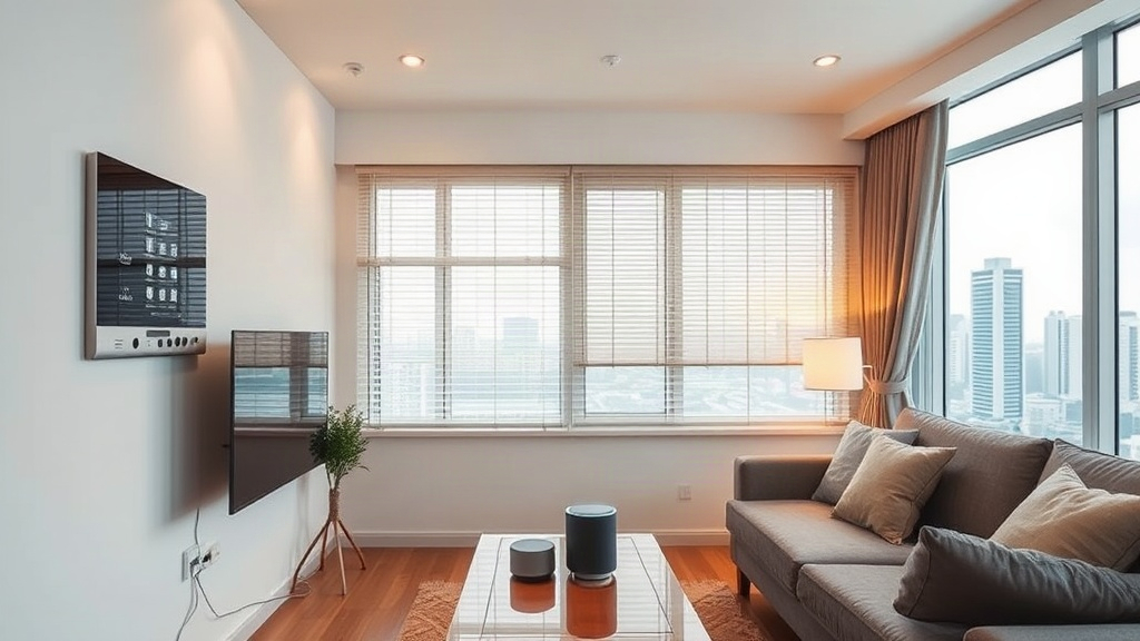 Modern Singapore HDB living room with smart home control panel, motorised blinds, and smart speaker